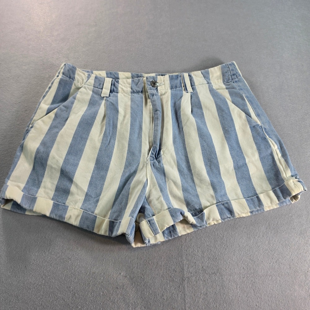 Blue & White Nautical Striped High-Waisted Pleated Grandma Denim Shorts 29